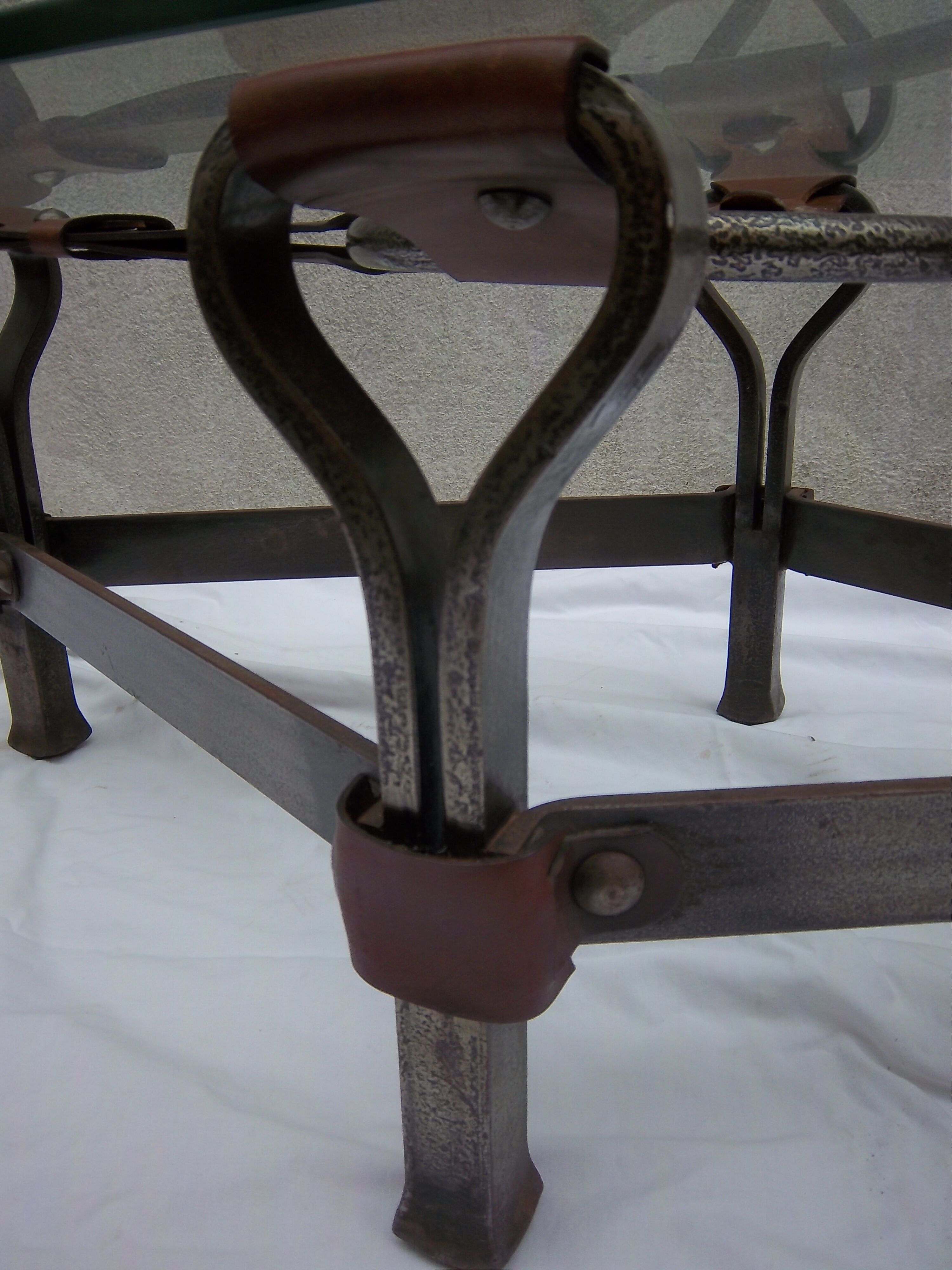 Year 1970 in wrought iron, leather and glass table