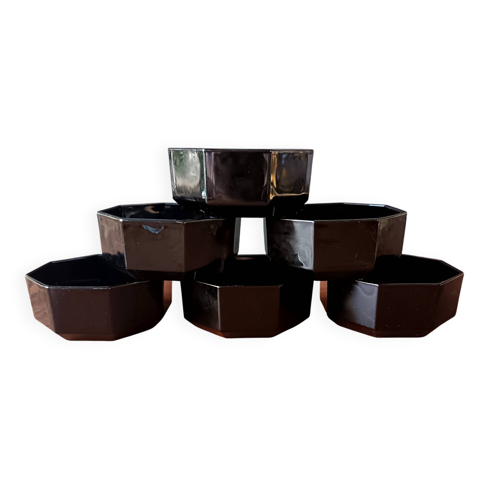 6 black tempered glass ramequins arcoroc octime series, 1980 vintage