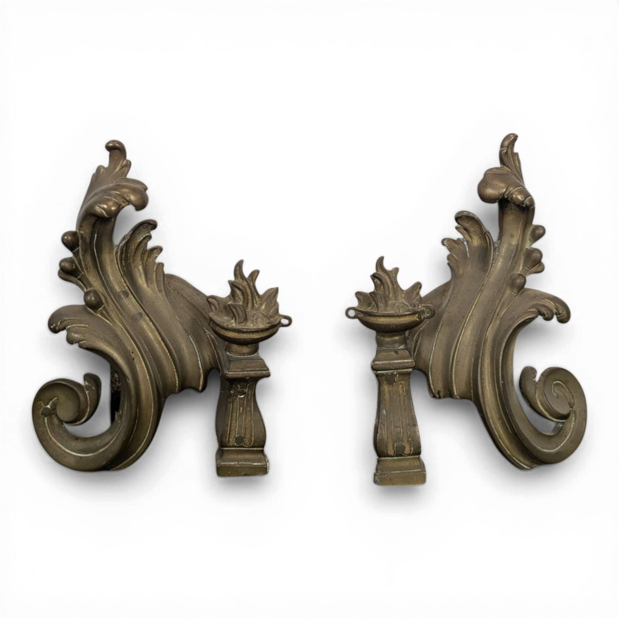 Pair of rocaille bronze andirons in Louis XV style