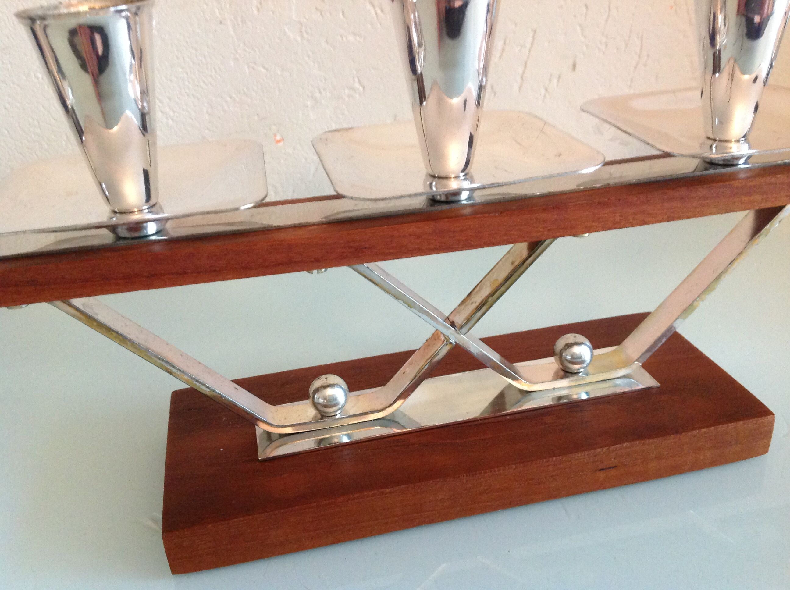 Five-head chandelier in teak and chrome metal Scandinavian style / vintage 60s-70s