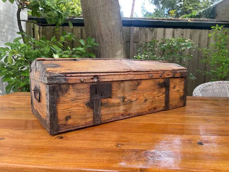Antique French Wood Iron and Hide Handmade Wood Chest or Trunk