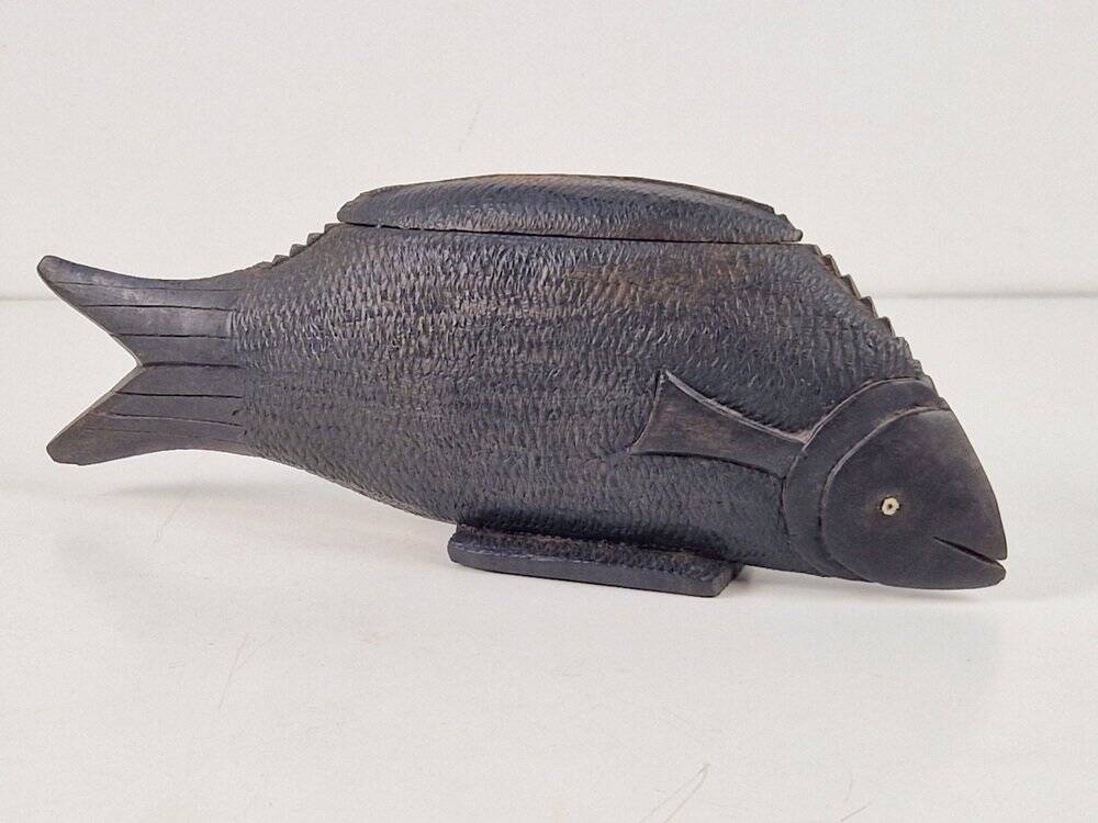 Vintage African Fish Storage Container in Hand-Carved Ebony, 1950s