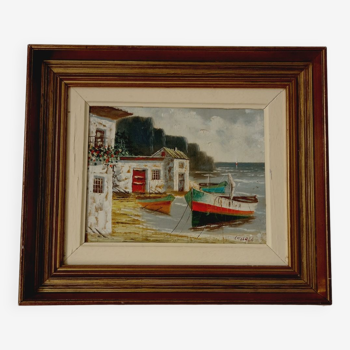 Signed painting house by the sea -oil on canvas