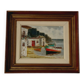 Tableau signé maison au bord de mer -huile sur toile