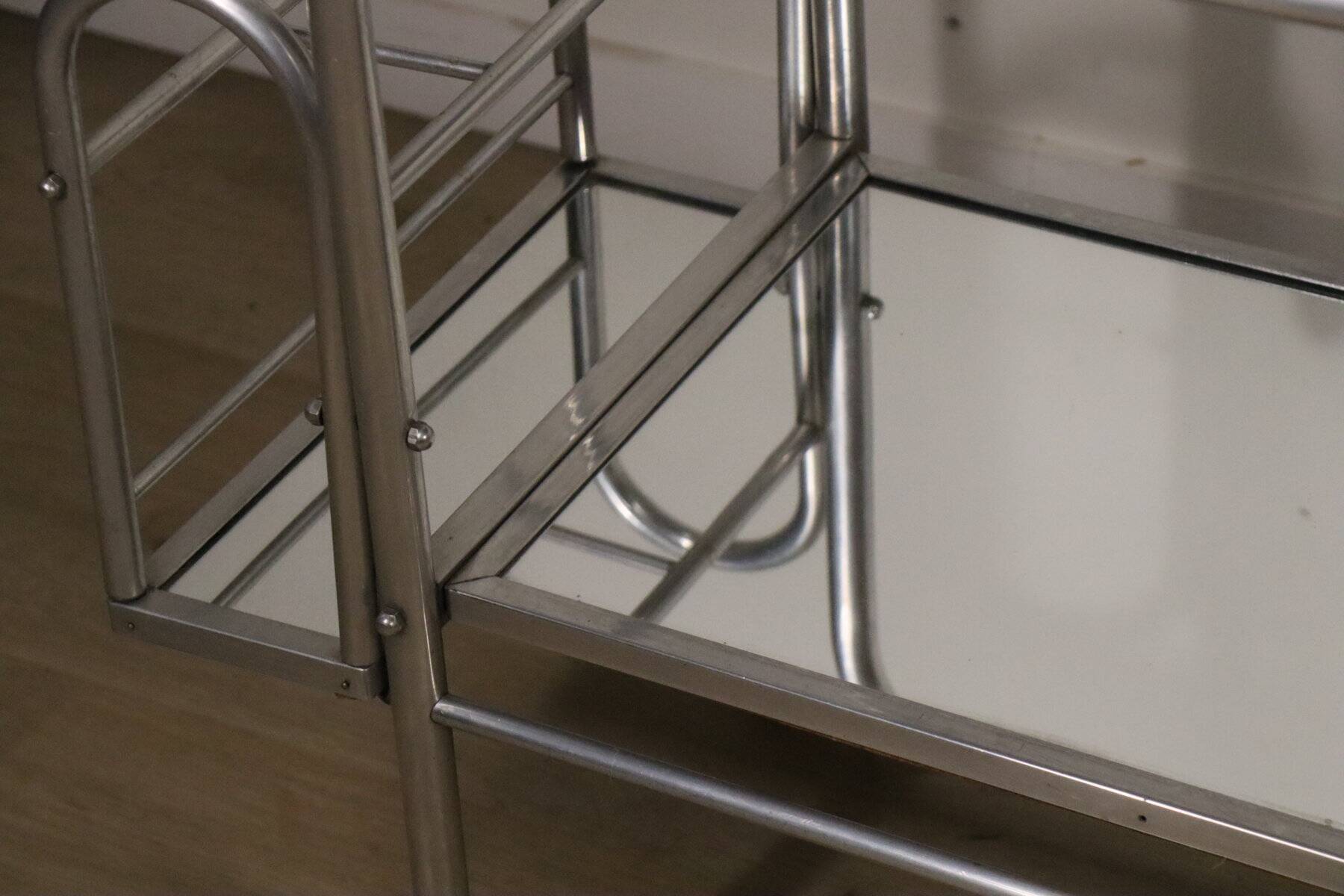 Desserte roulante vintage années 70 en métal chromé et verre miroir