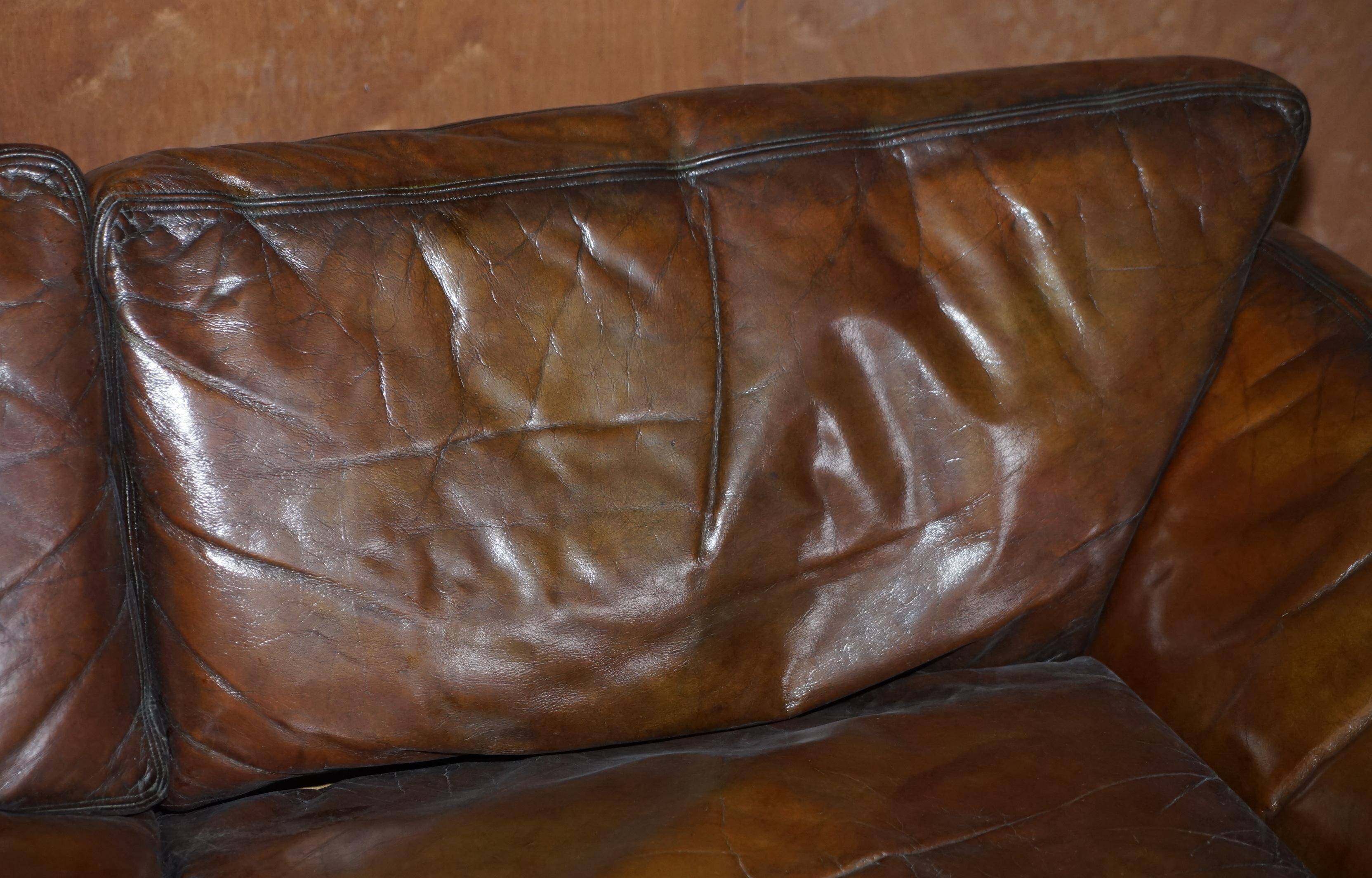 Restored leather mid-century modern low sofa
