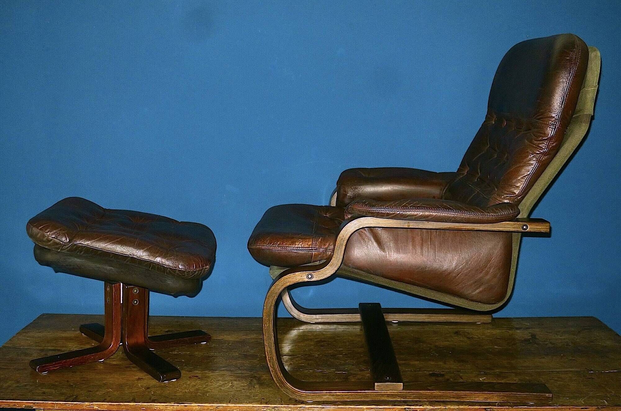 Scandinavian bentwood cantilever leather lounge chair with footrest, 1960s
