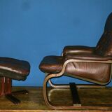 Scandinavian bentwood cantilever leather lounge chair with footrest, 1960s