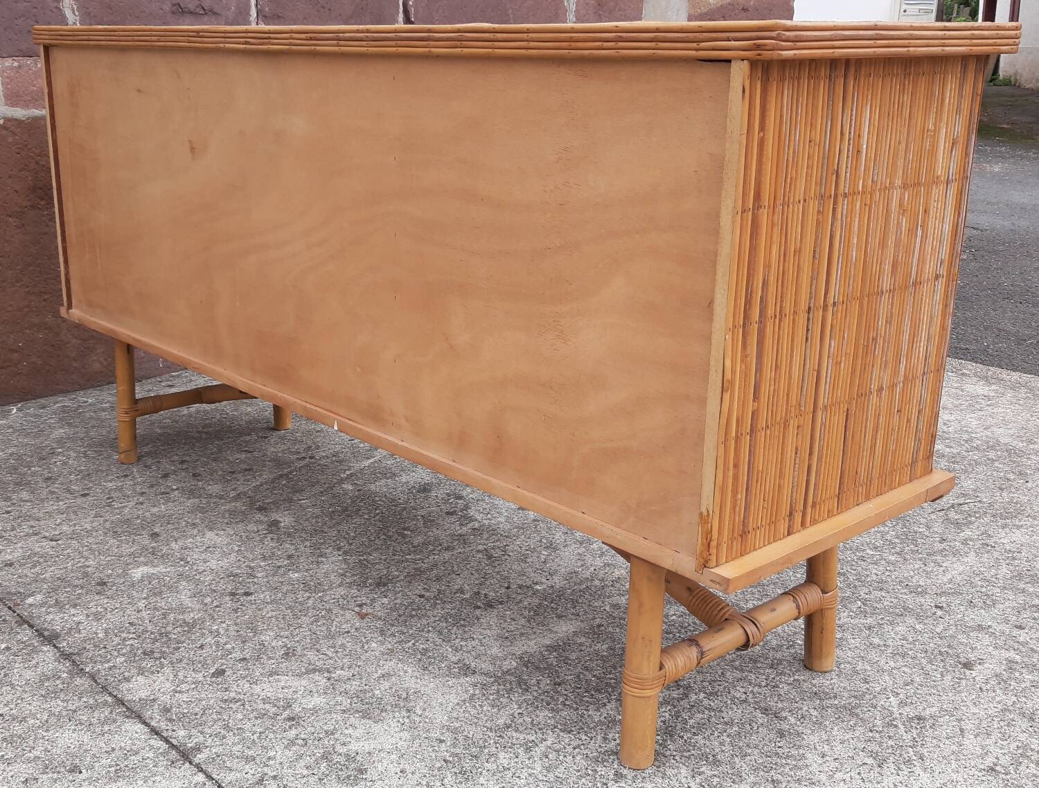 Console table in rattan and bamboo, (Attributed to Audoux-Minet)