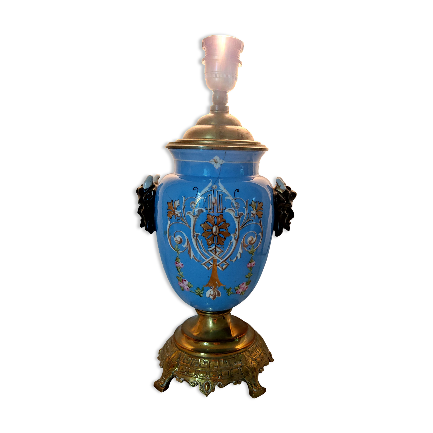 Lamp foot blue vase heads of fauna