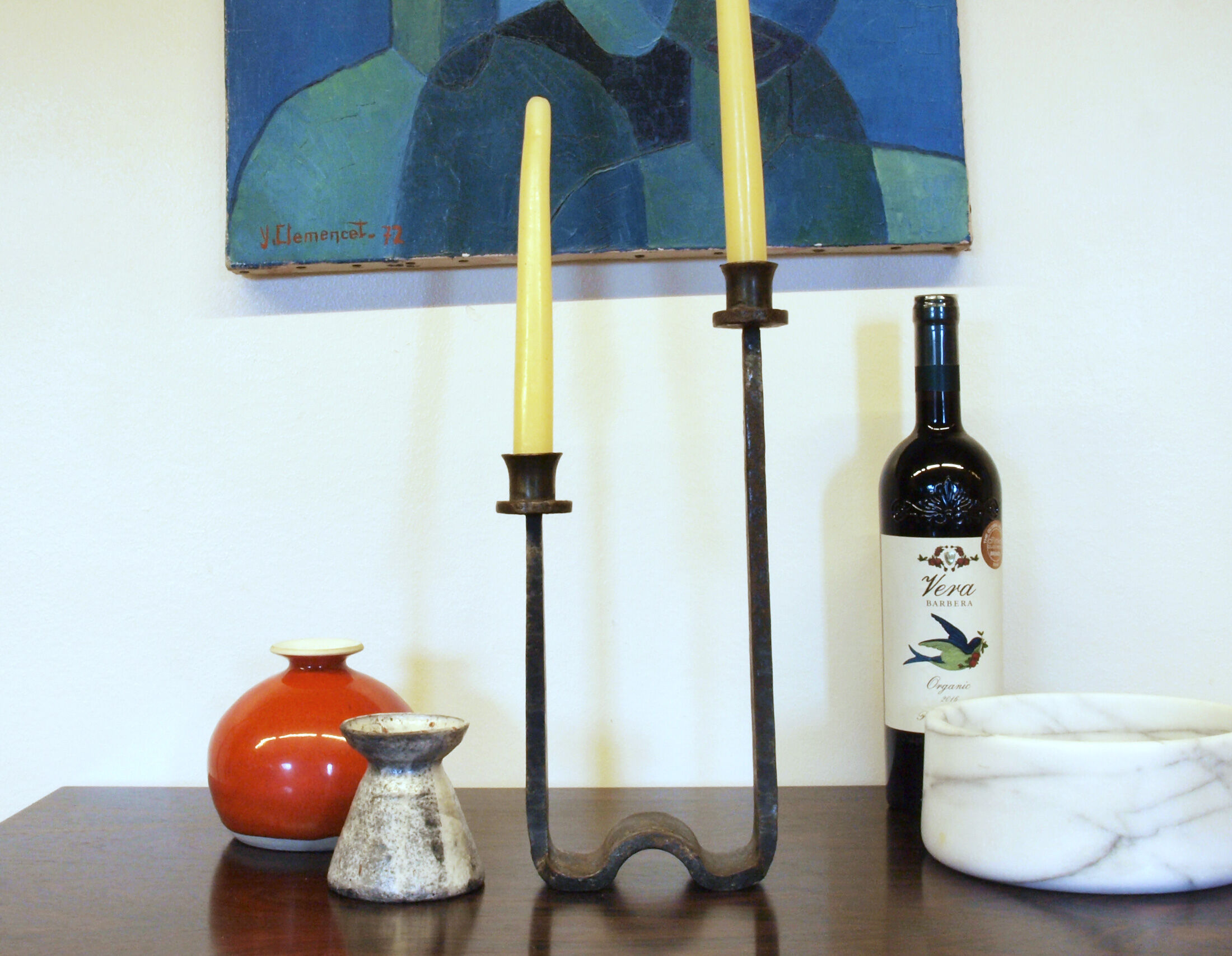 Brutalist wrought iron candle holder beaten