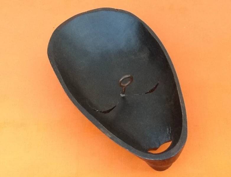 African Hanging Mask / Tribal Carved Wood Inlaid with Mother of Pearl Long