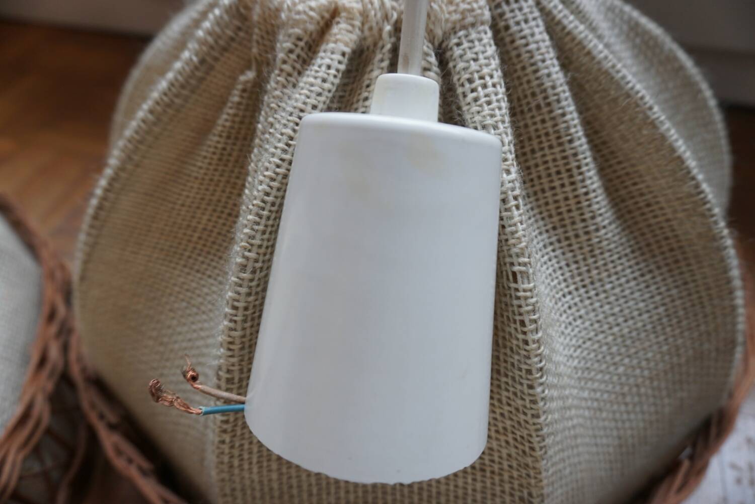 3 70s pendant lights - fabric and rattan