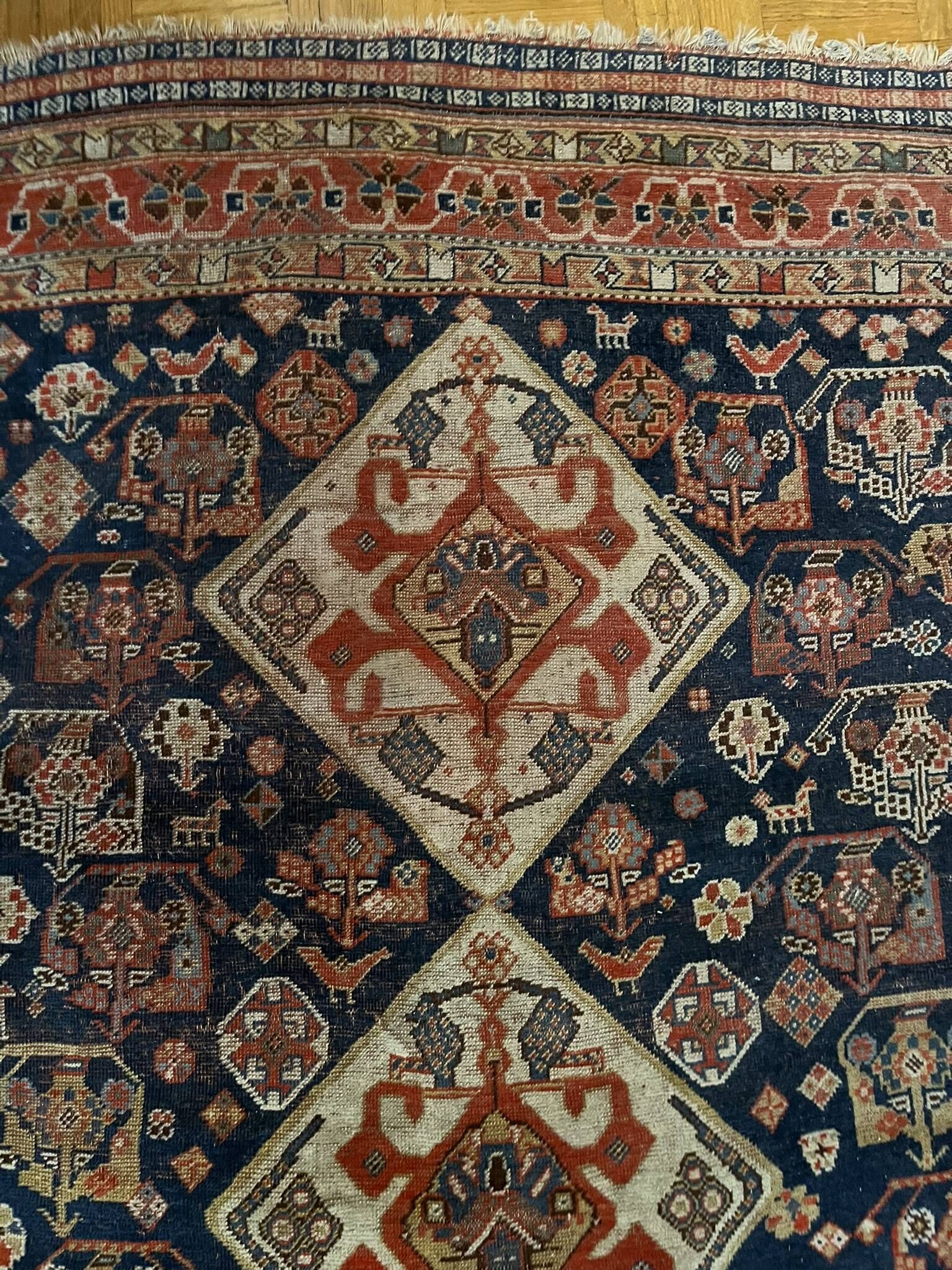 Antique handmade Persian Qashqai nomadic rug – blue background 94x112cm