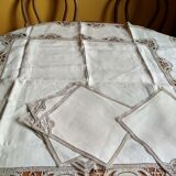 Old square tablecloth in bis mixed linen and 6 matching placemats