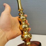 Table lamp from Danish Vitrika in brass, amber colored hard pressed glass, with a shade holder.