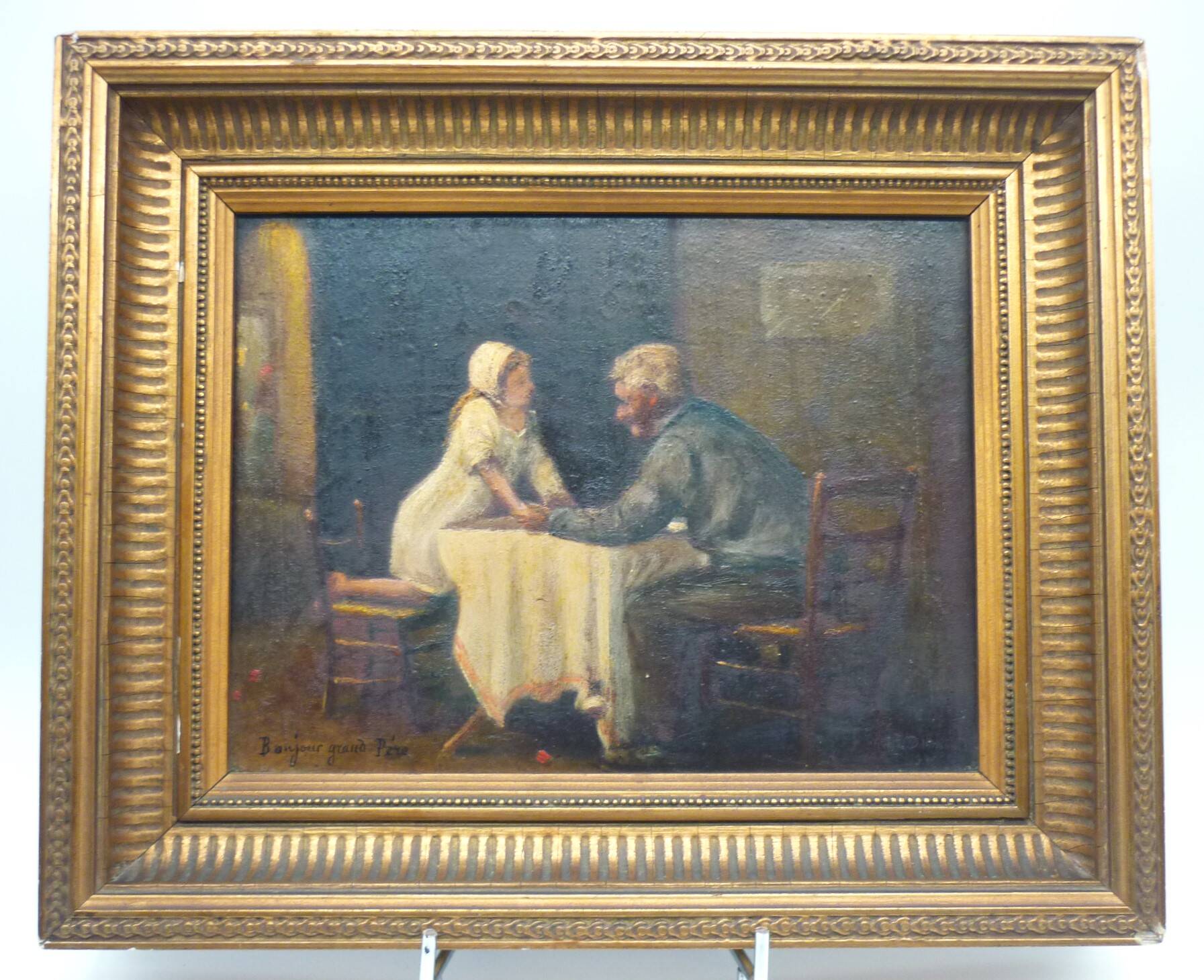 Tableau, huile sur panneau "Bonjour Grand Père", début XXème, cadre doré