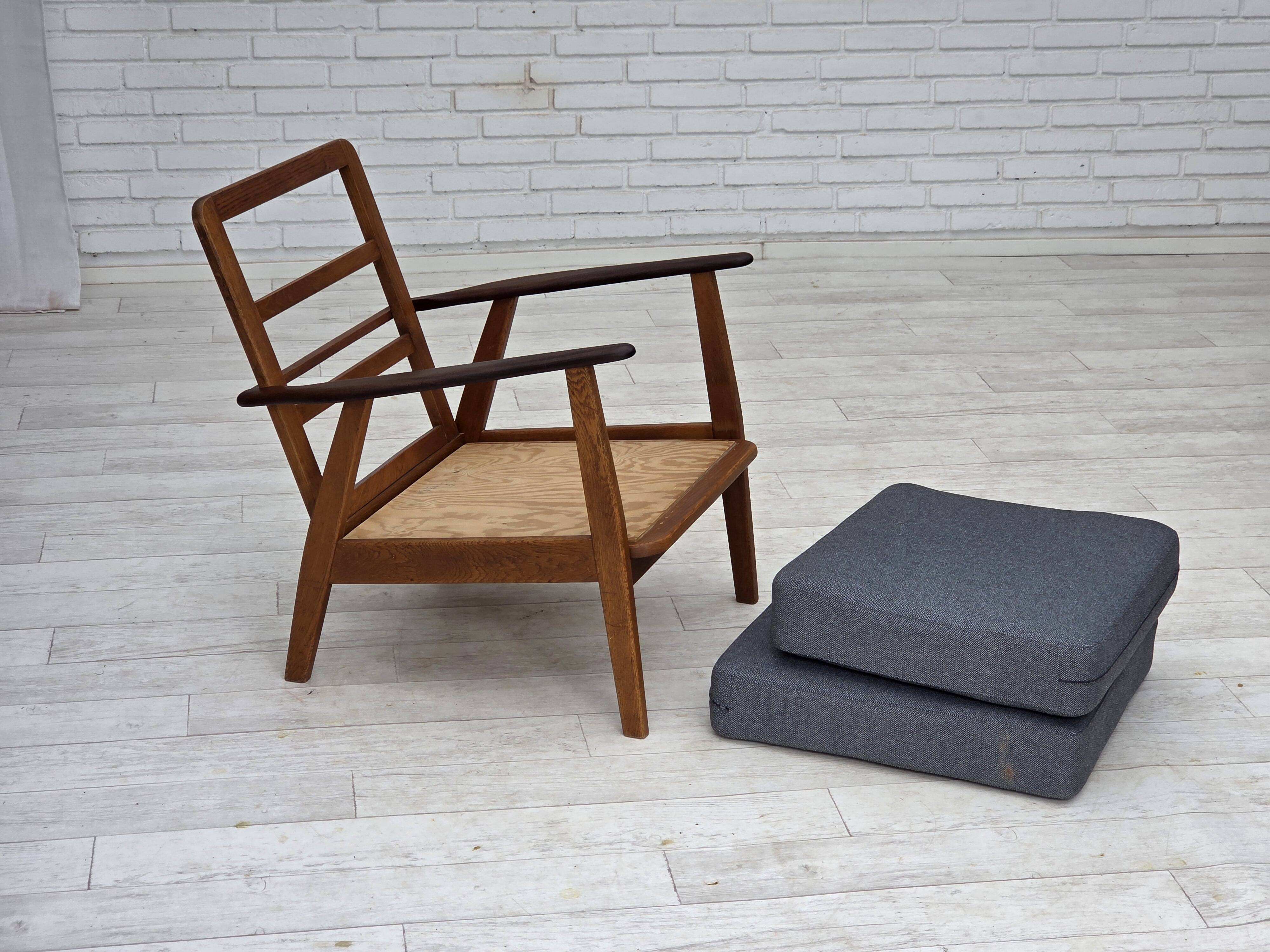 1970s, pair of Danish armchairs, reupholstered, furniture wool, teak, oak.