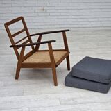 1970s, pair of Danish armchairs, reupholstered, furniture wool, teak, oak.