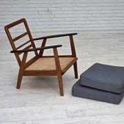 1970s, pair of Danish armchairs, reupholstered, furniture wool, teak, oak.