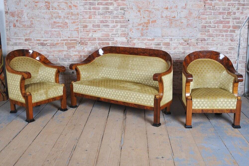Empire Upholstered and Inlaid Walnut Living Room Set, Austria, 1810s, Set of 3