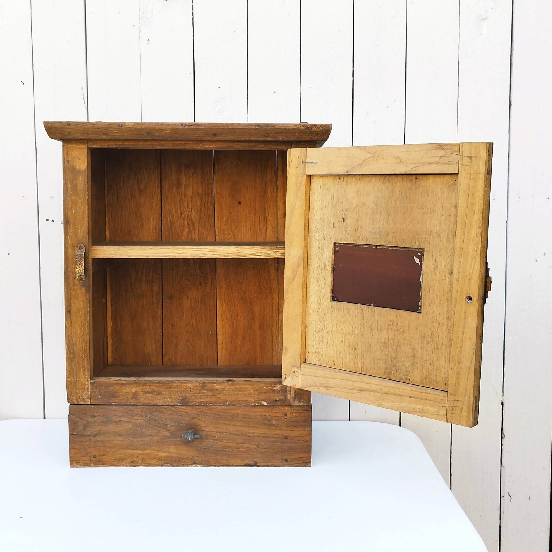 Vintage folk art mirror wall storage unit