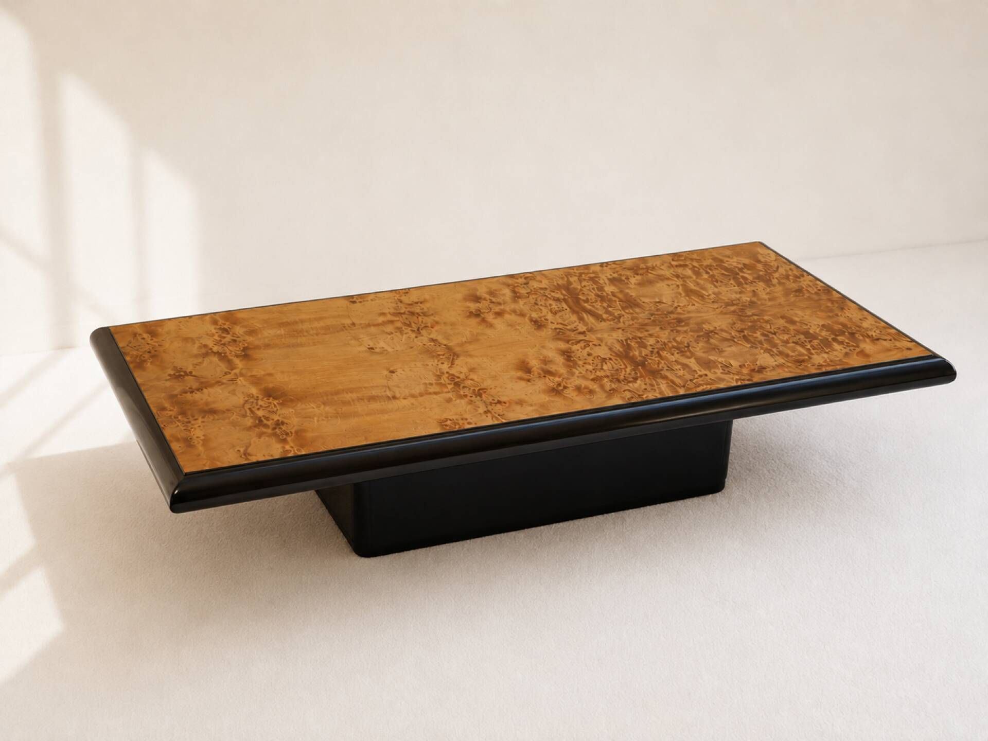 Large vintage coffee table in walnut veneer and black wood, 1980s.