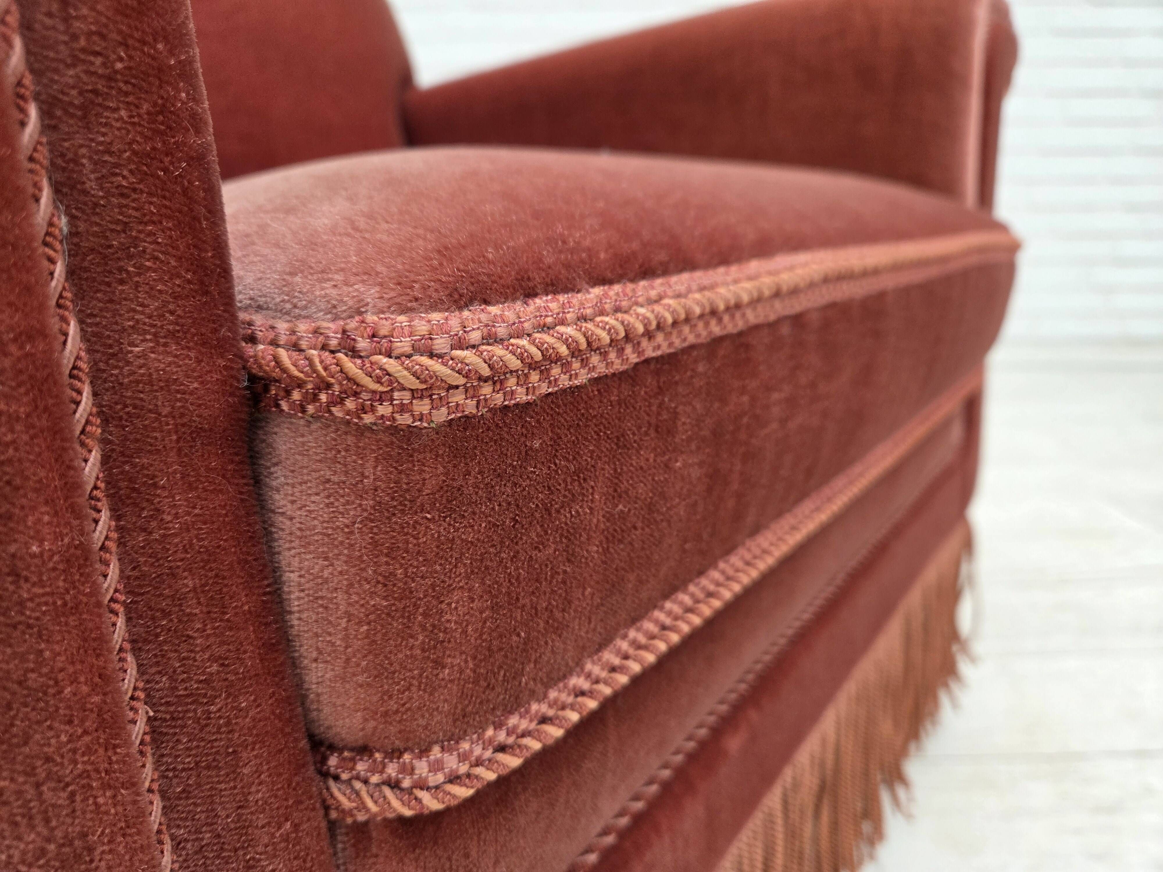 1970s, Danish armchair, salmon pink furniture velour, beech wood.