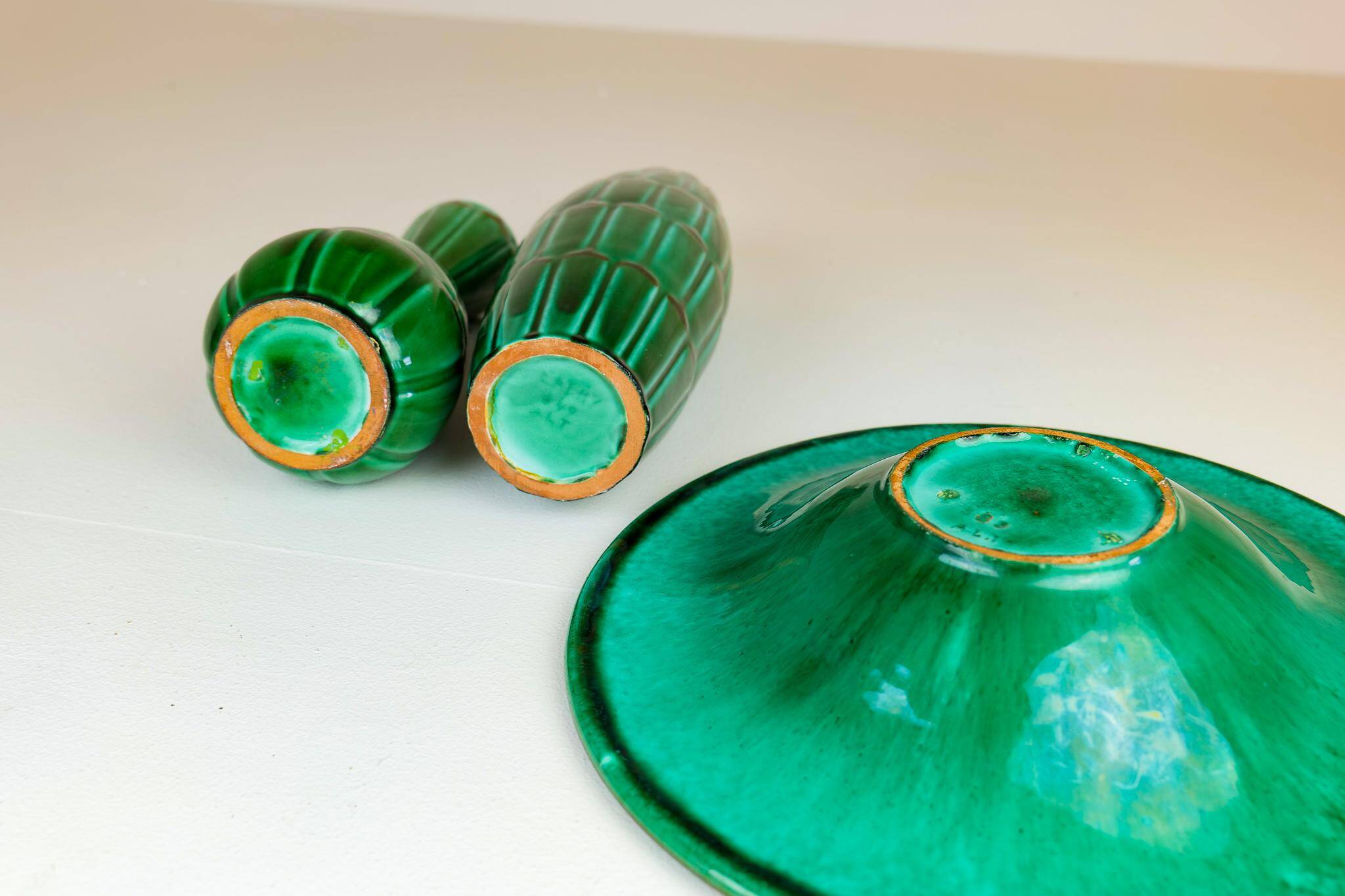 Large Green Midcentury Ceramic Vases and Upsala Ekeby "Capri" Bowl/Tray from the 1950s