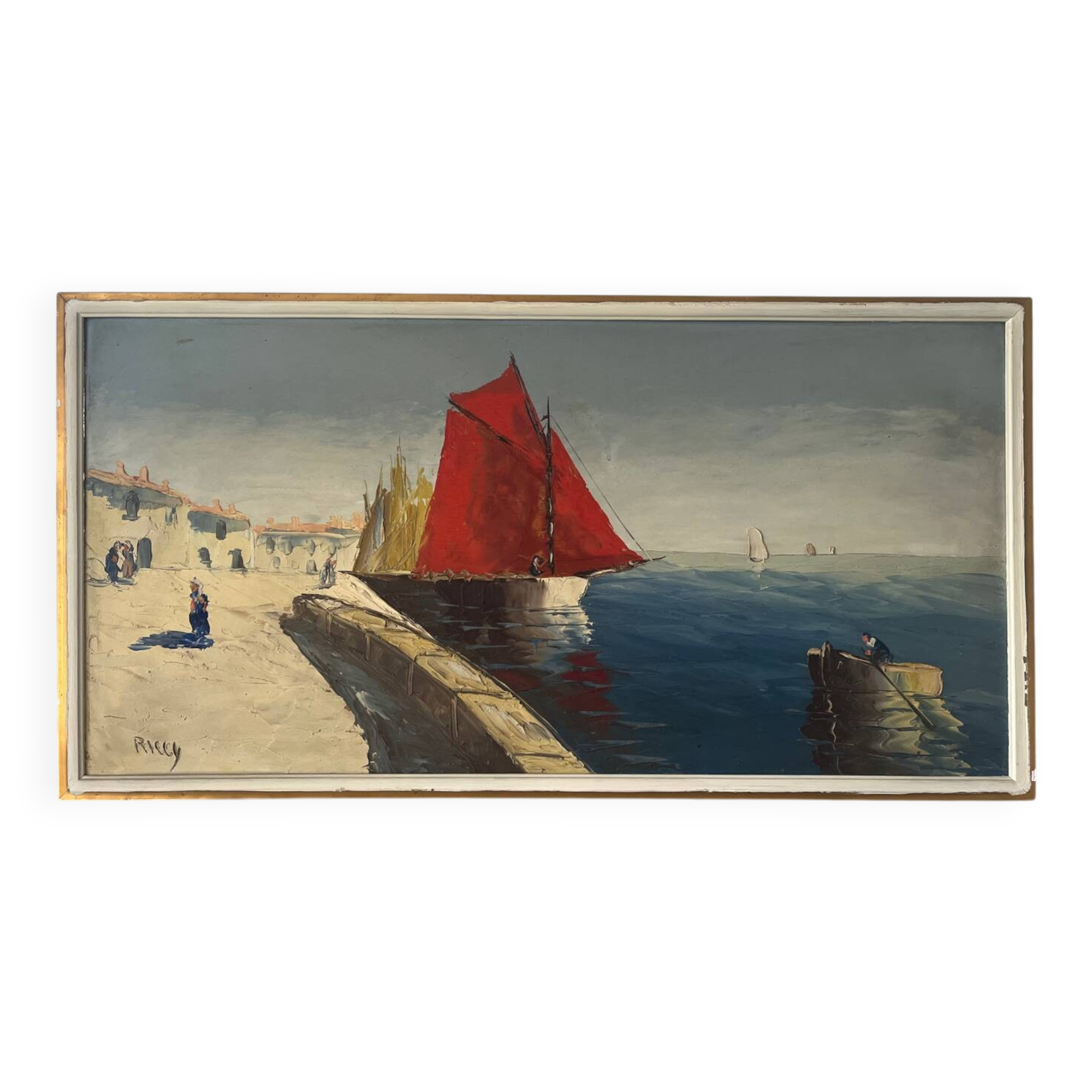 Marine, "Red Sail" technique with knife on panel signed Riccy.