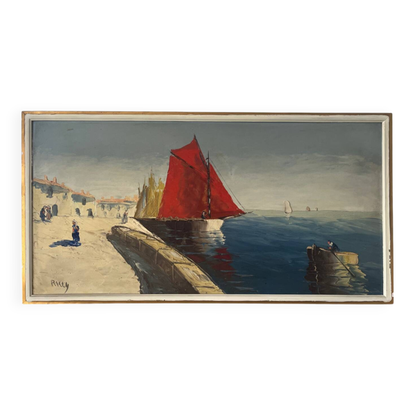 Marine, “Voile Rouge” technique au couteau sur panneau signé Riccy