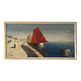 Marine, "Red Sail" technique with knife on panel signed Riccy.