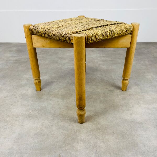 Tabouret paille tressé bois brut