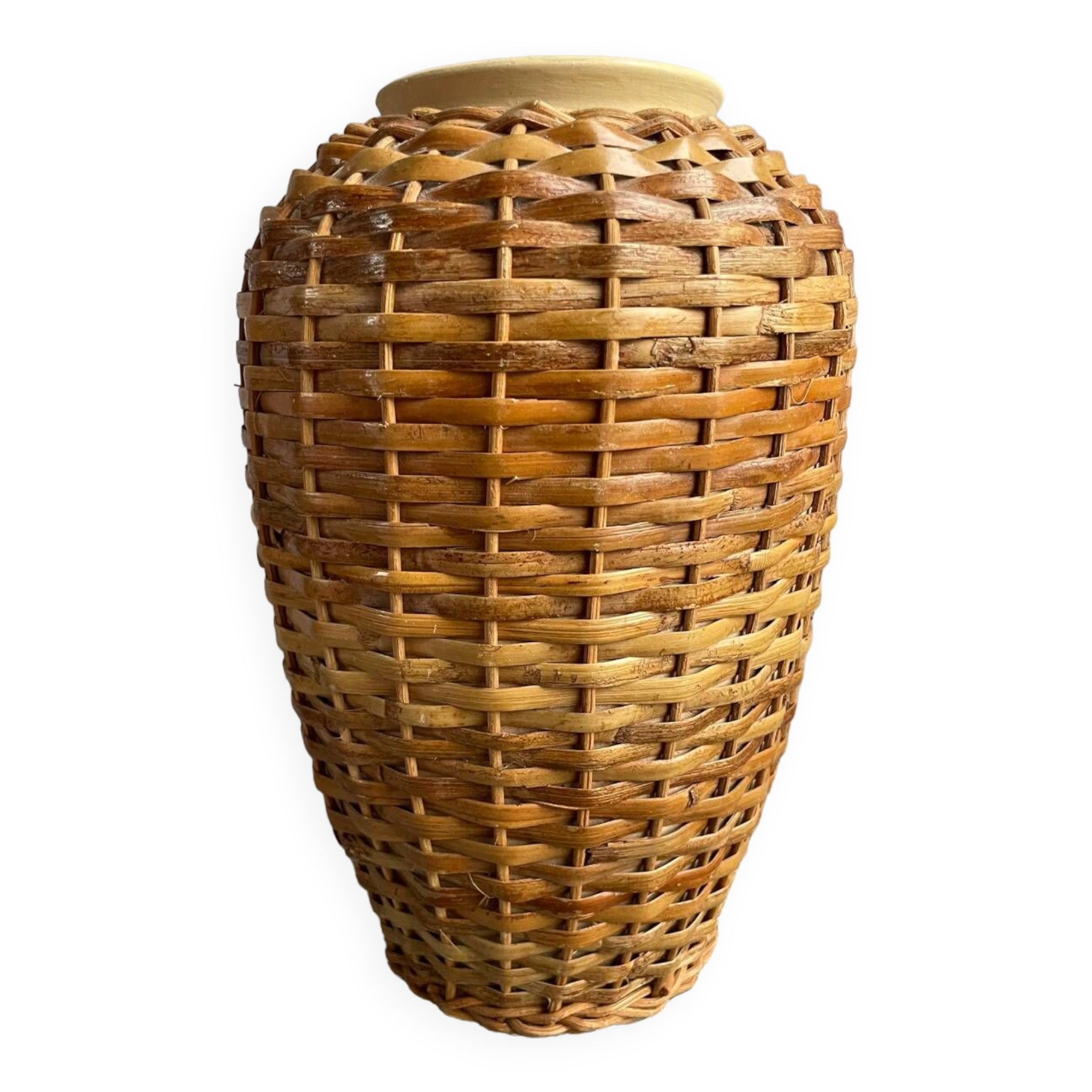Vintage stoneware and rattan vase