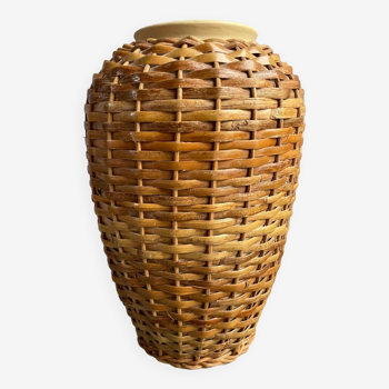 Vintage stoneware and rattan vase