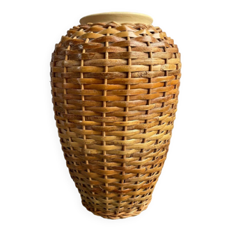 Vintage stoneware and rattan vase