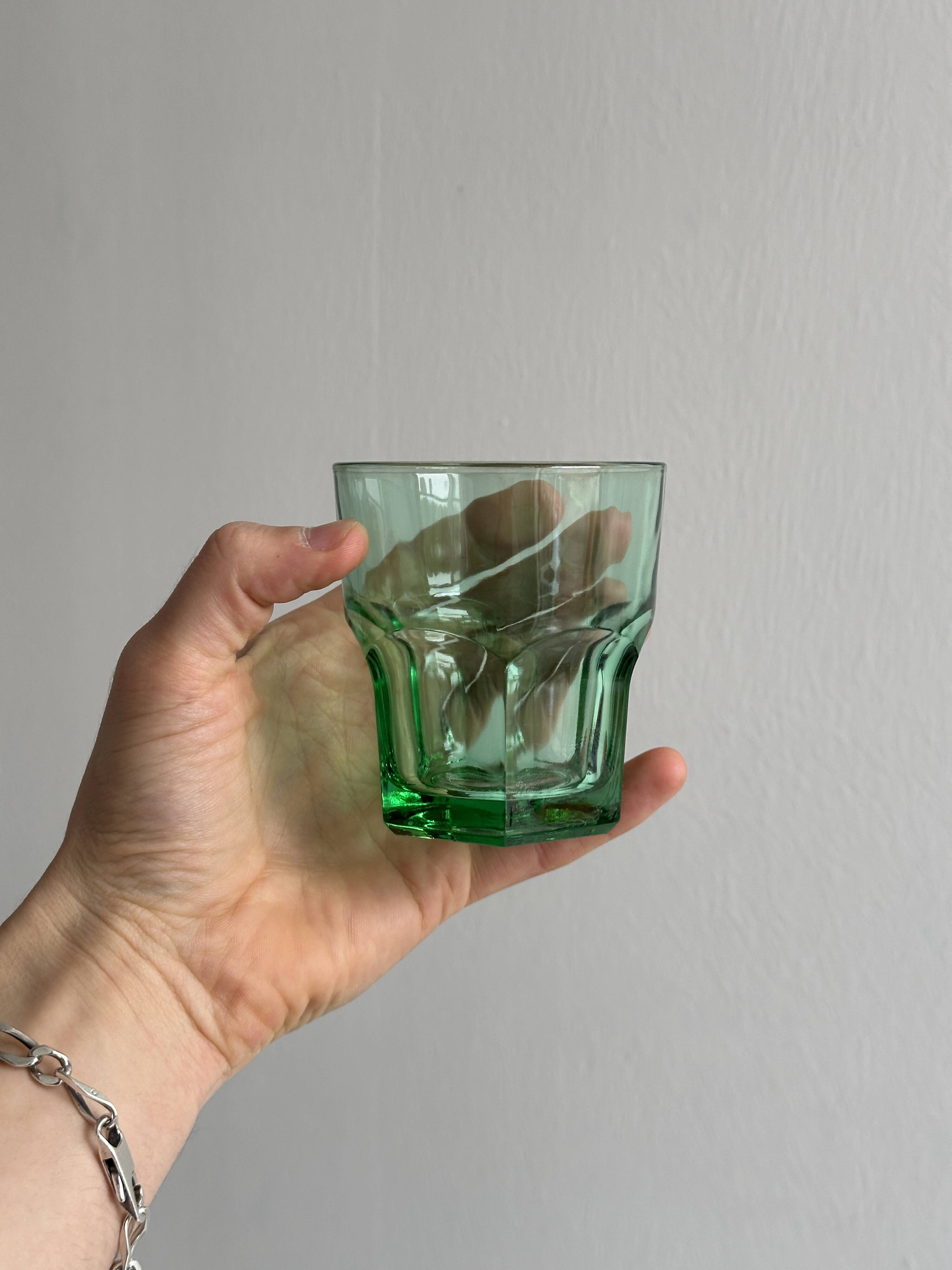 4 vintage water glasses in translucent green glass