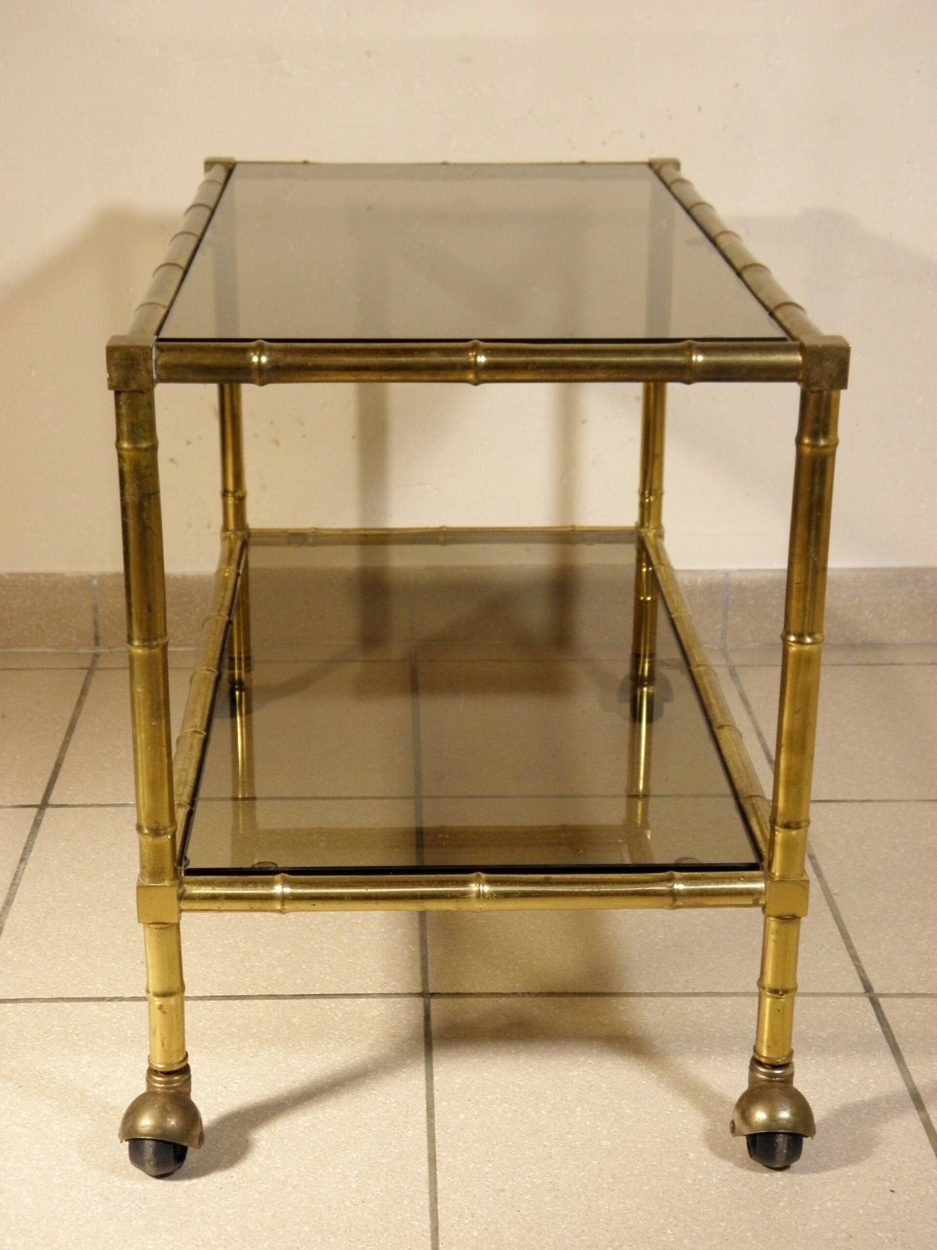 Serving trolley, table on wheels in "bamboo" brass