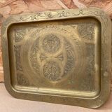 Antique Oriental Serving Tray Brass Chiseled Decor Vintage Kitchen