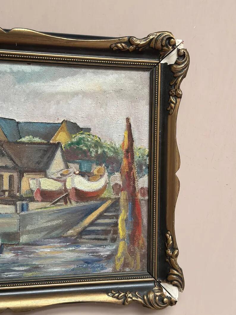 Original Swedish Oil on Panel – “Village and Harbour” by G. Fogler – Signed – Vintage & Framed – 49 × 39 cm (19.2" × 15.3")