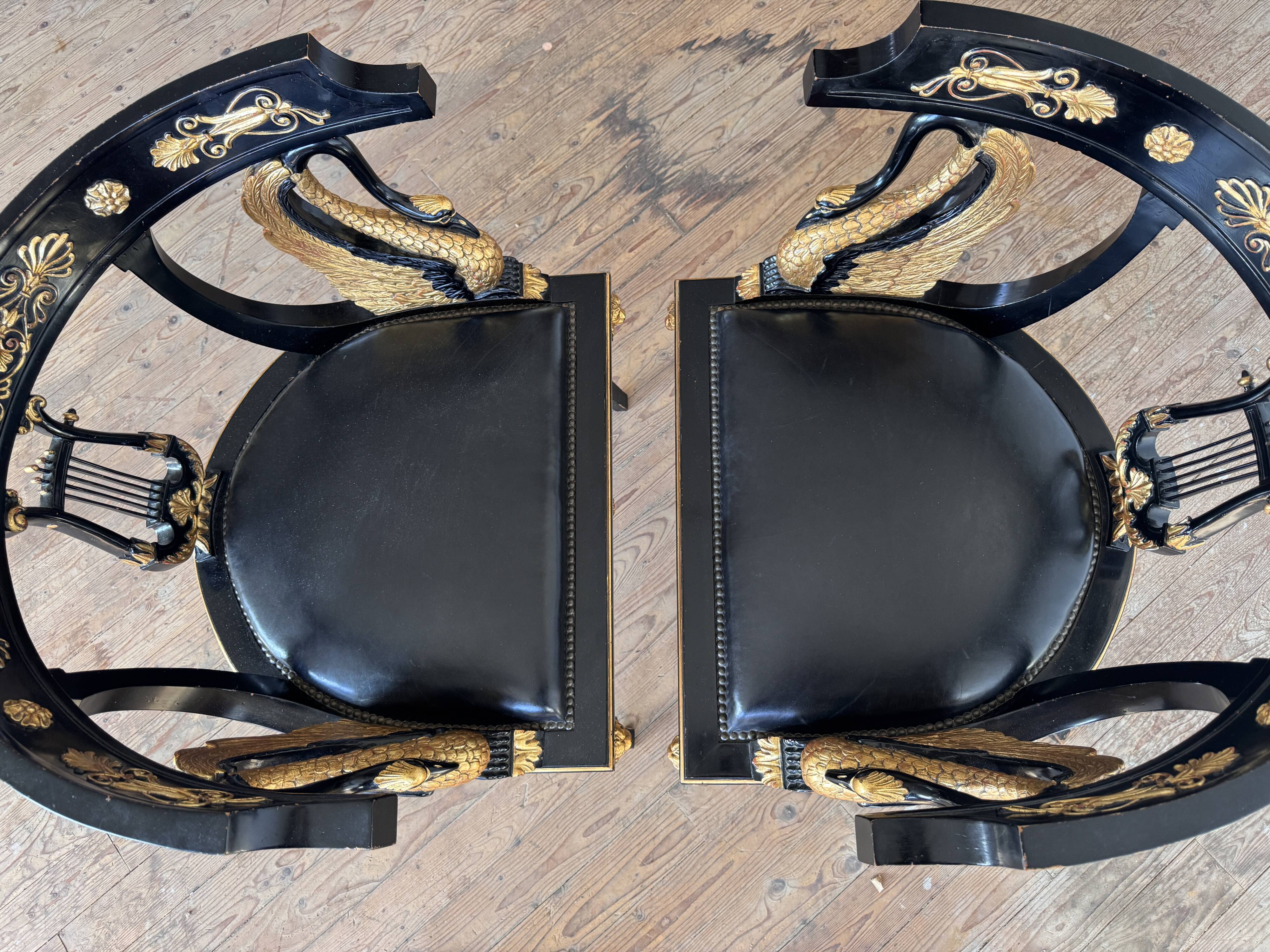 Pair of Empire-style bergère armchairs decorated with swans and lyres
