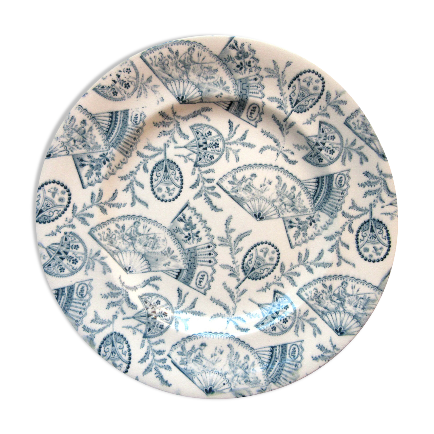 Art nouveau plate by longwy, grey-blue model: eventails