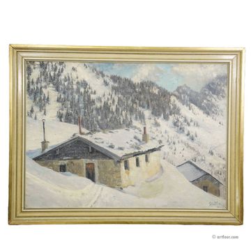 Impressionist painting of an alpine cabin in winter.