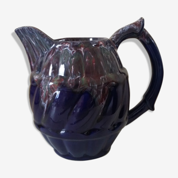 Blue flamée earthenware pitcher