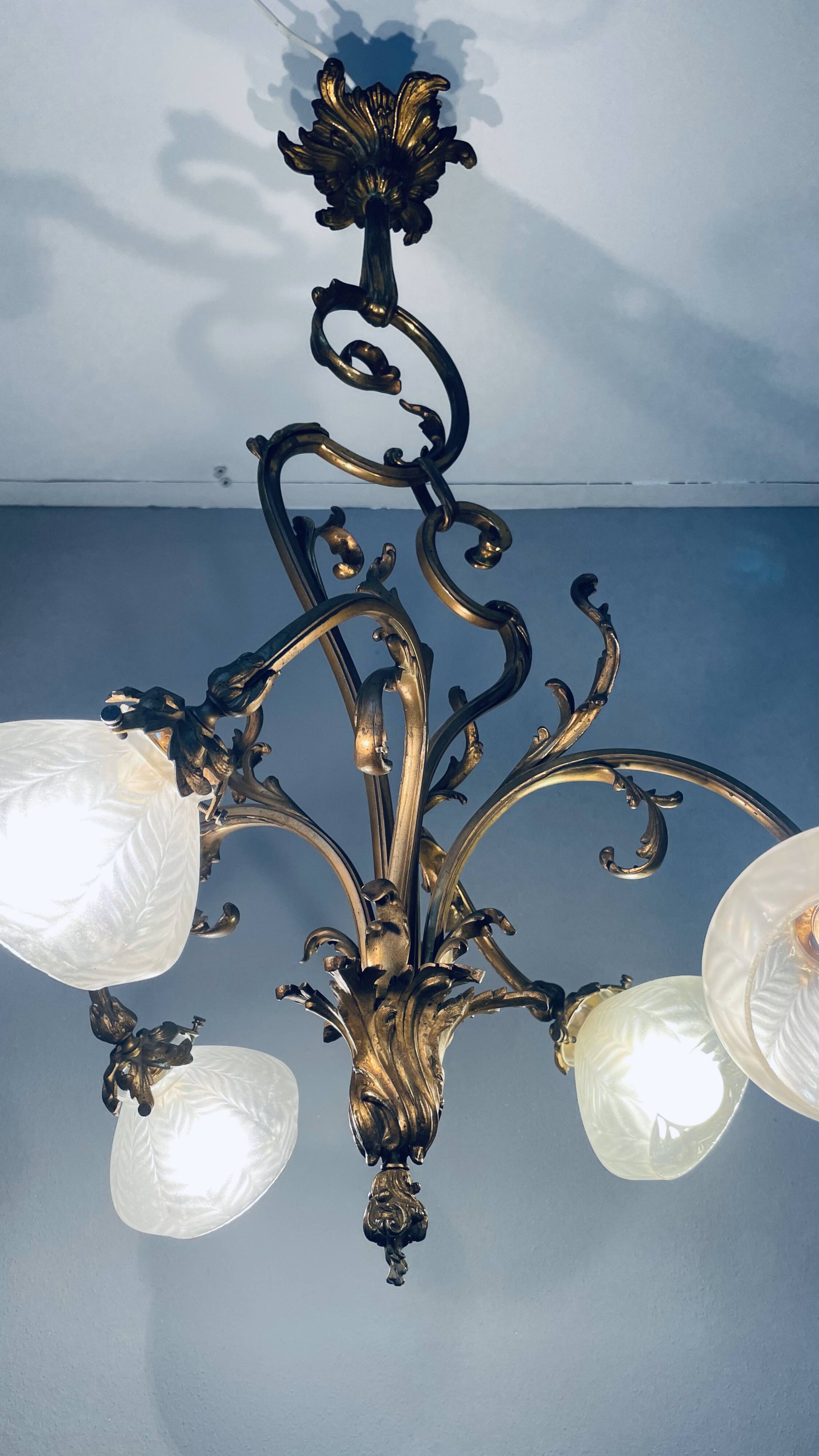 Jugendstil Golden Chandelier with Frosted Glass Shades