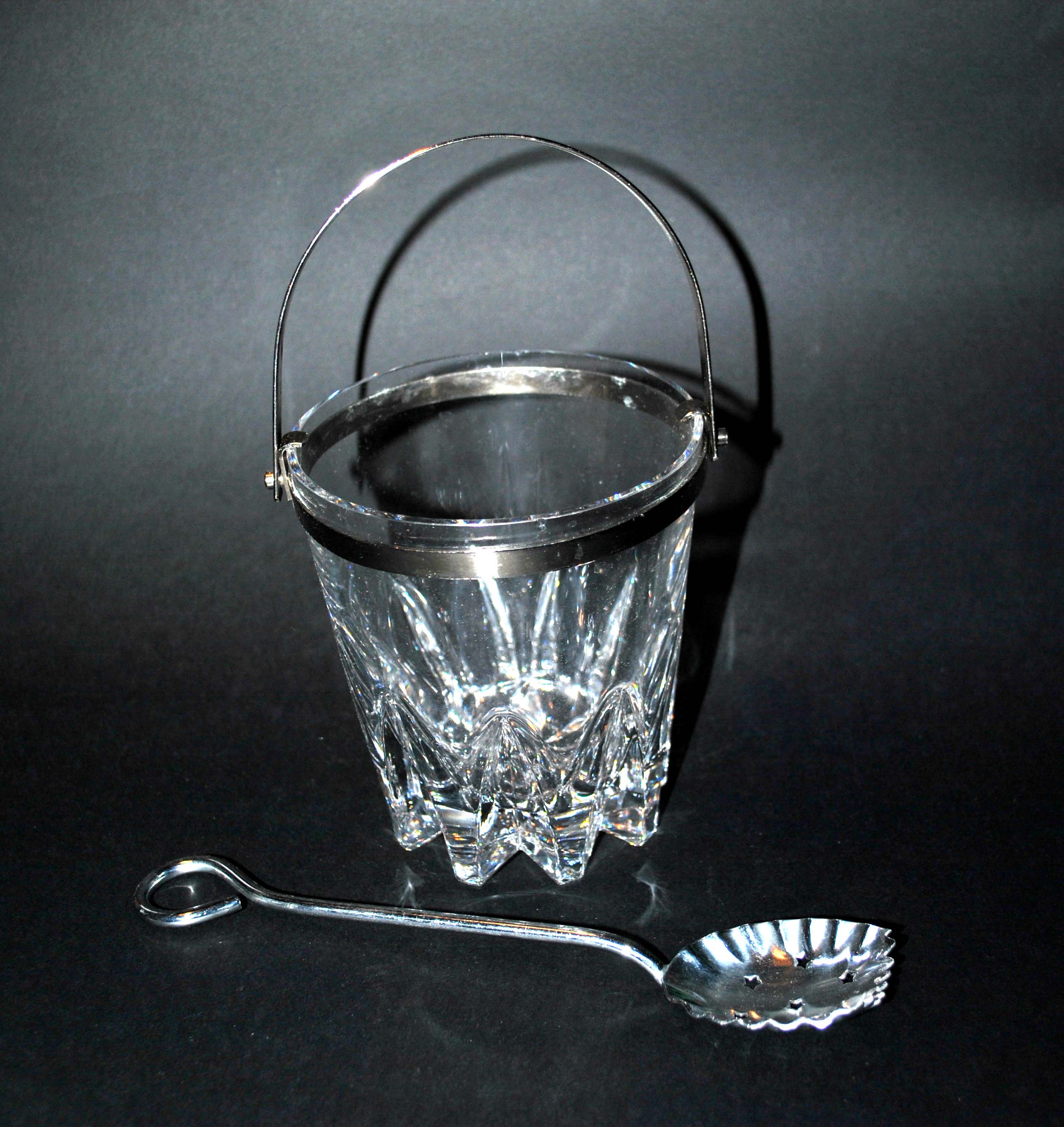Vintage molded glass ice bucket and chrome ice cube spoon