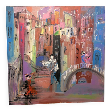 Canvas Painting Deloison Venetian Scene Carnival Pierrot Commedia
