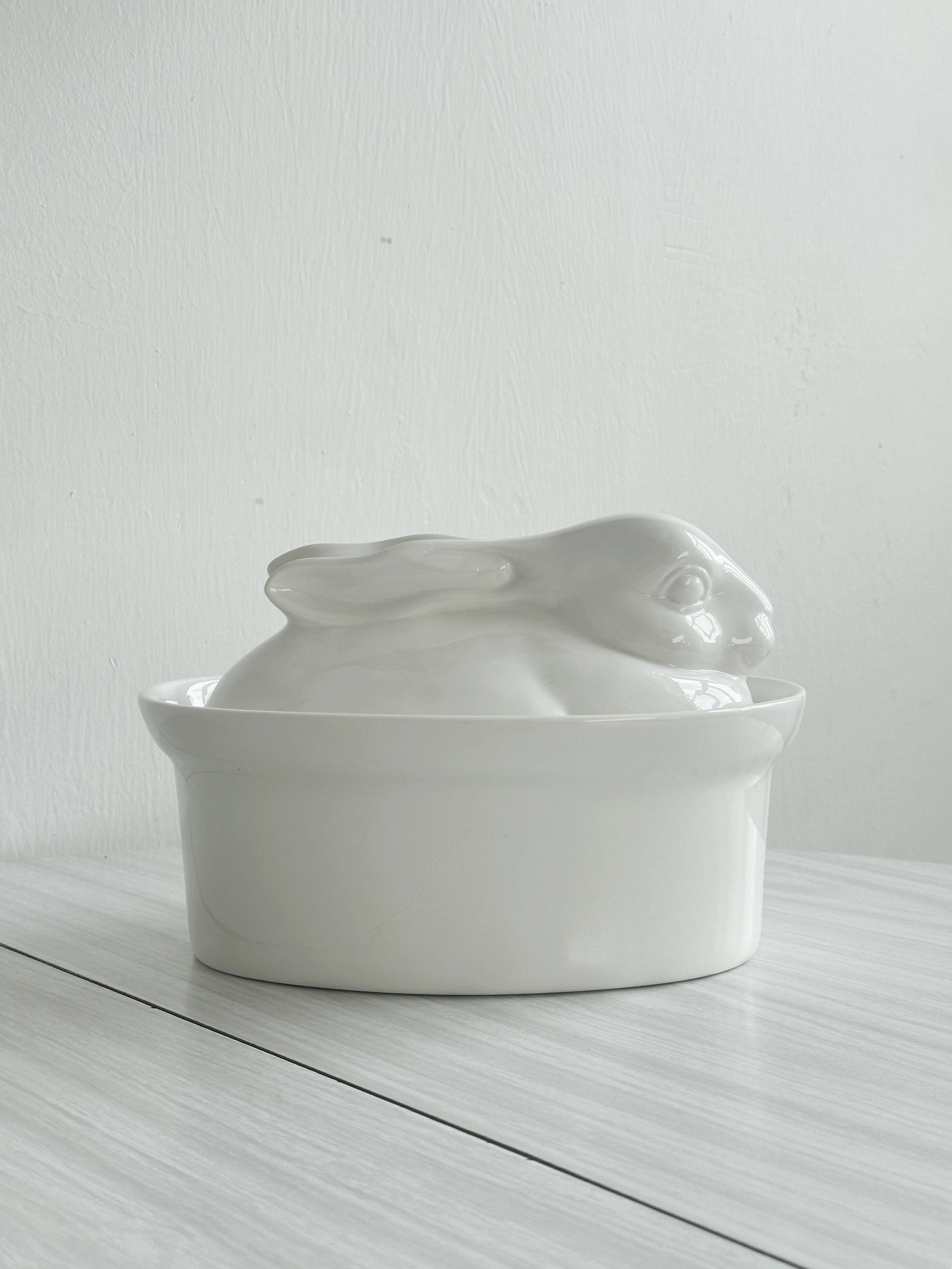 Large white porcelain rabbit terrine dish.