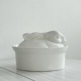 Large white porcelain rabbit terrine dish.