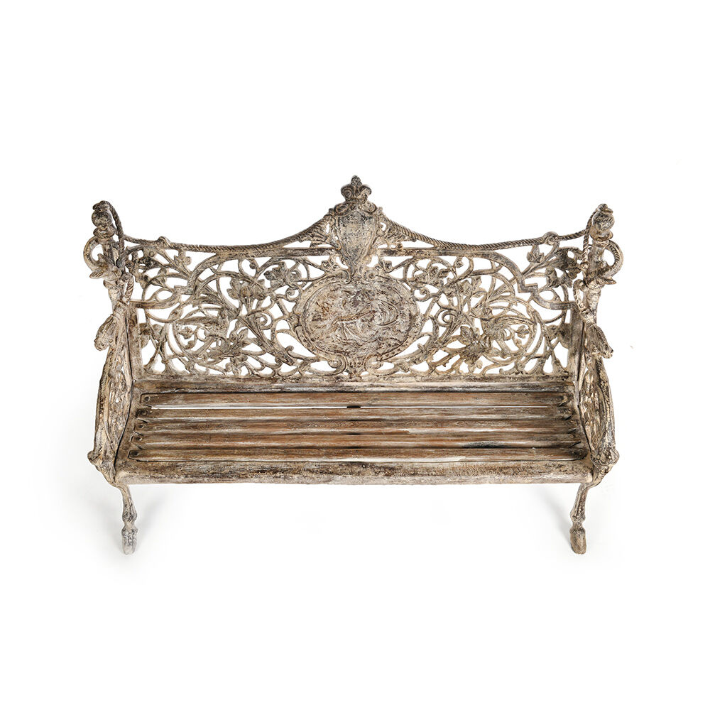 Sculpted cast iron bench and white patina wood